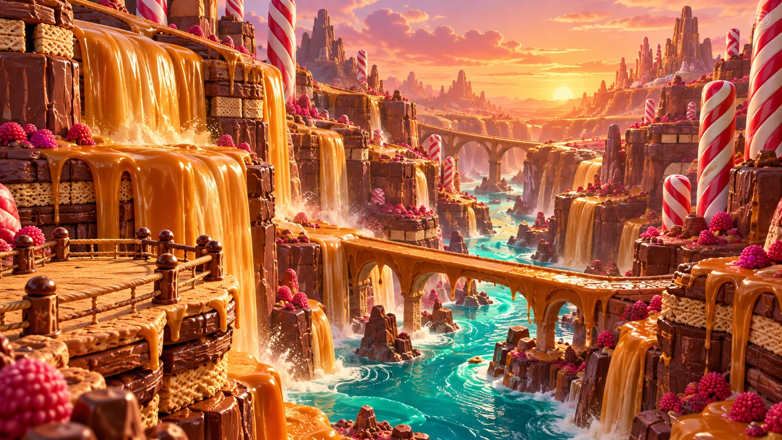 Golden caramel waterfalls flowing between chocolate and wafer cliffs into a turquoise jelly river