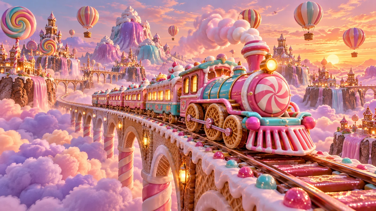A candy locomotive crossing a bridge through marshmallow clouds and a rainbow confectionery landscape