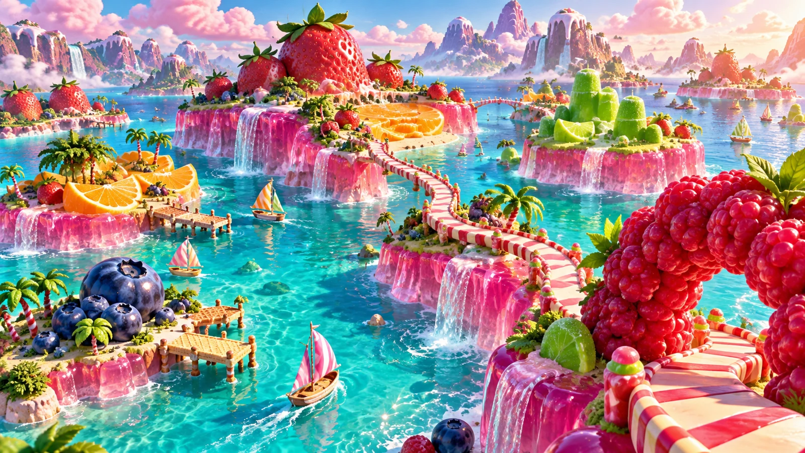 Giant strawberry and orange islands, jelly shores and little bridges in a brilliant turquoise lagoon