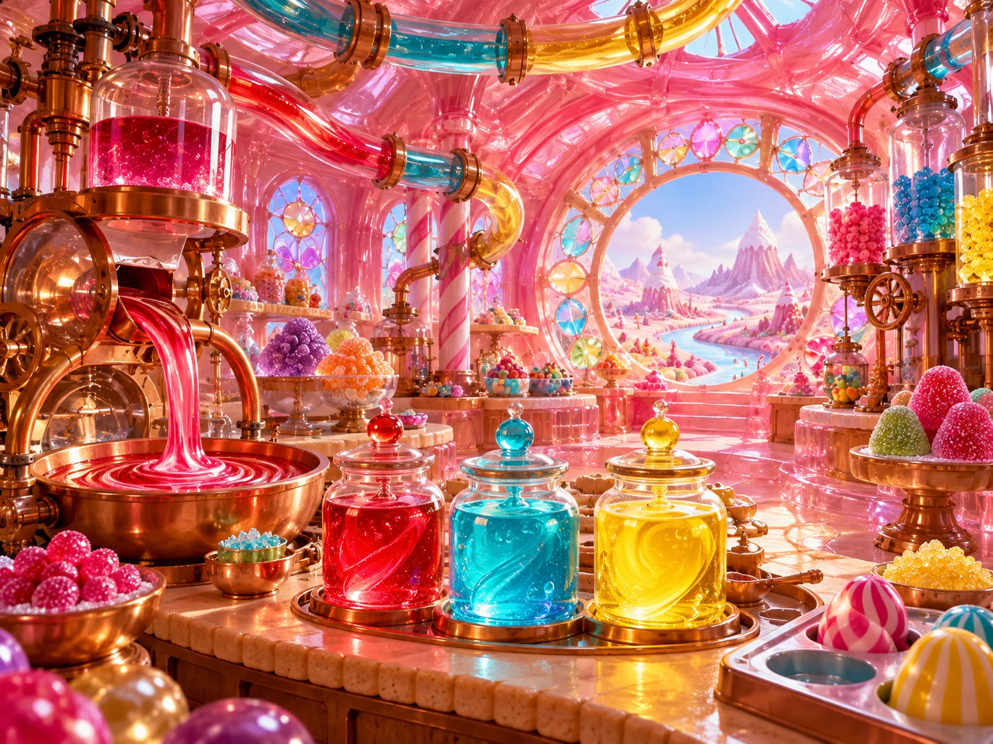 A pink jelly-domed confectionery workshop with copper pipes and colourful jars of experimental sweets