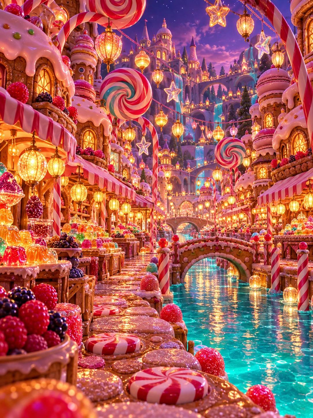 A twilight gingerbread market beside a candy canal, glowing with warm lanterns under a violet sky