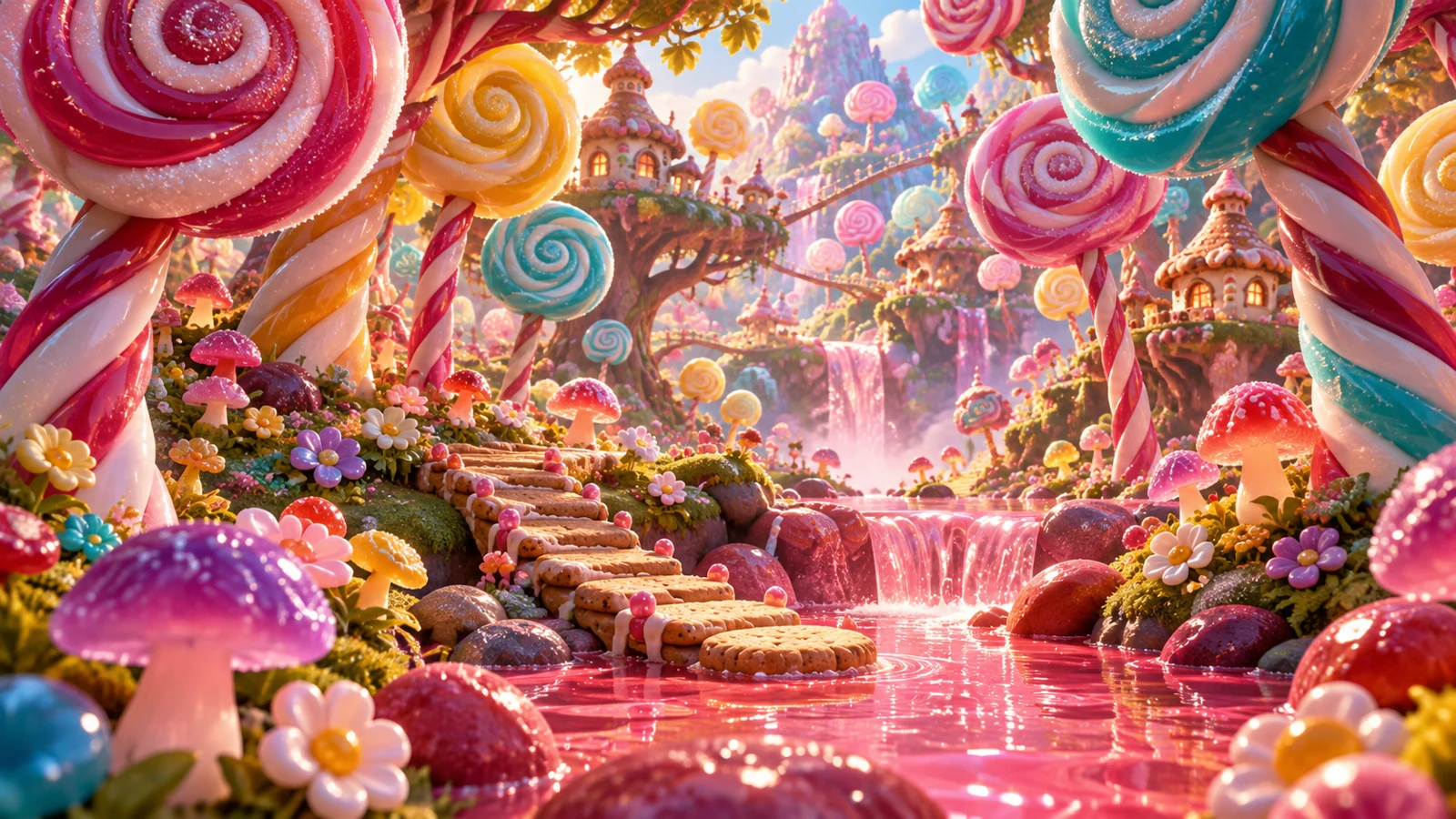 A bright forest of giant spiral lollipops and candy canes above biscuit steps and a turquoise stream