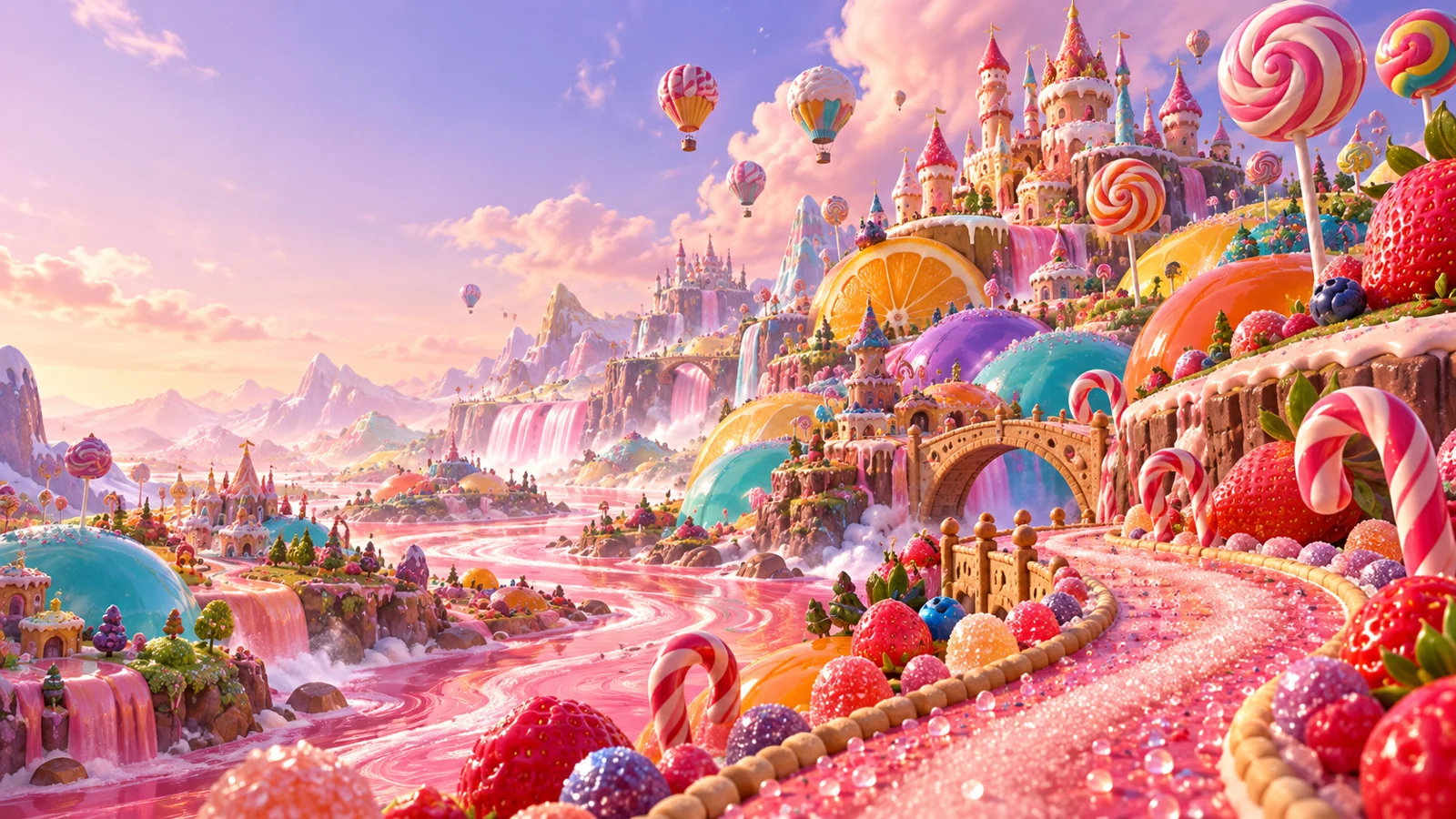 A pastel candy castle valley with giant lollipops, a pink sugar river and colourful confectionery hills